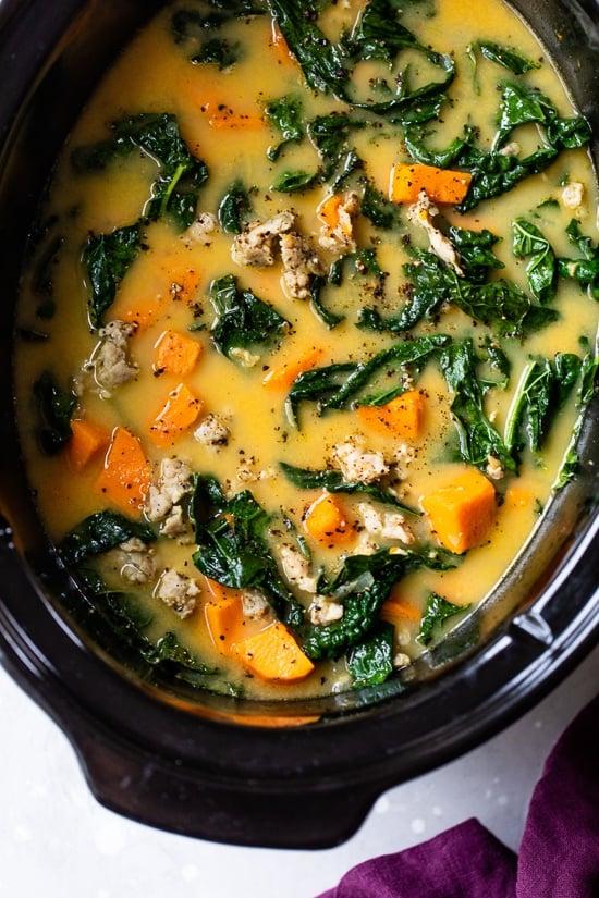 Slow Cooker Creamy Sausage, Kale, Sweet Potato Soup